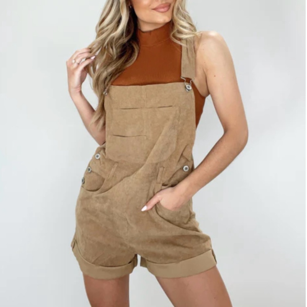 Tan Corduroy Short Overalls And Rust Mock Tank - image 1